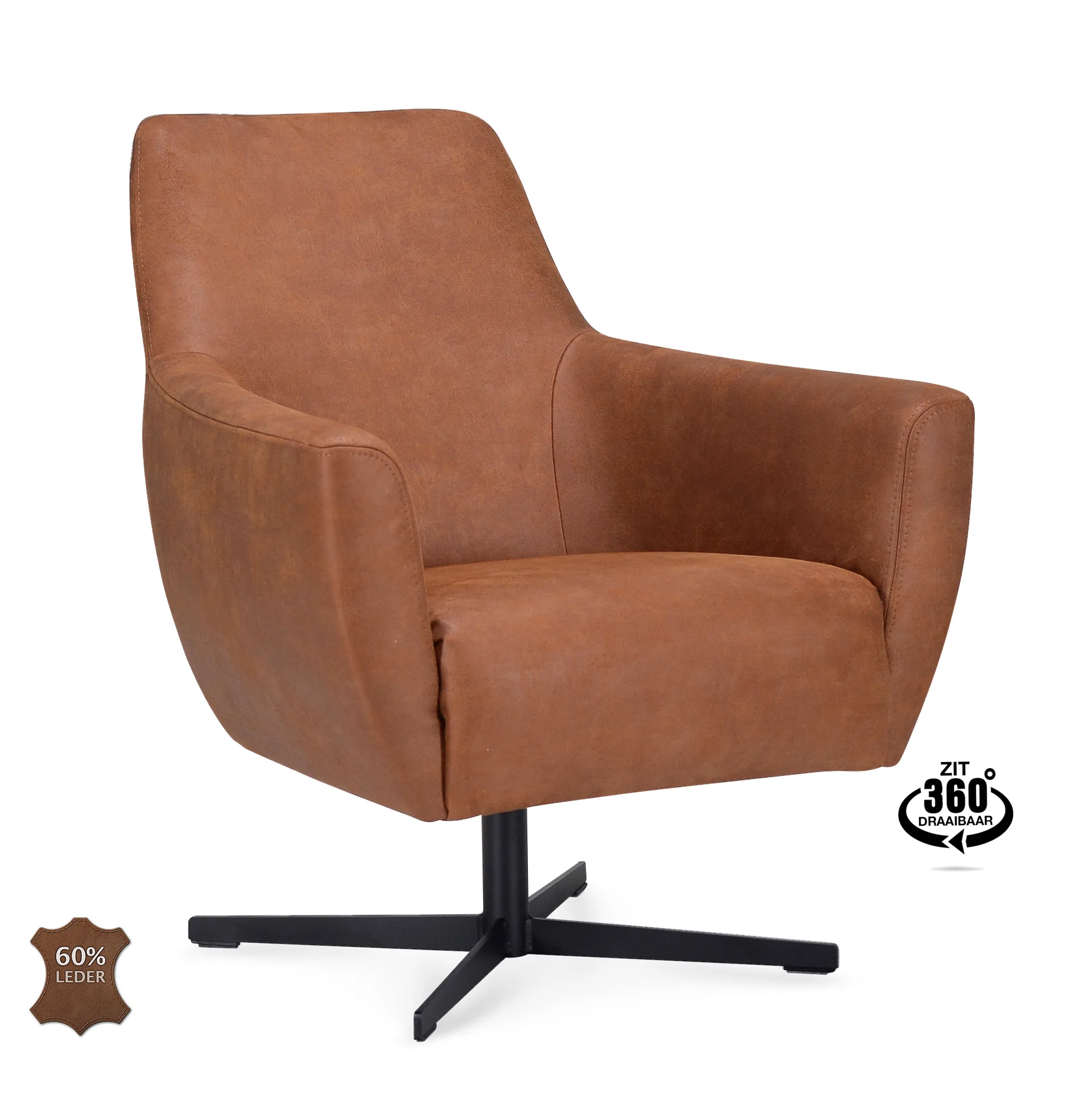 draaifauteuil met roestbruine bekleding en zwart stalen kruispoot